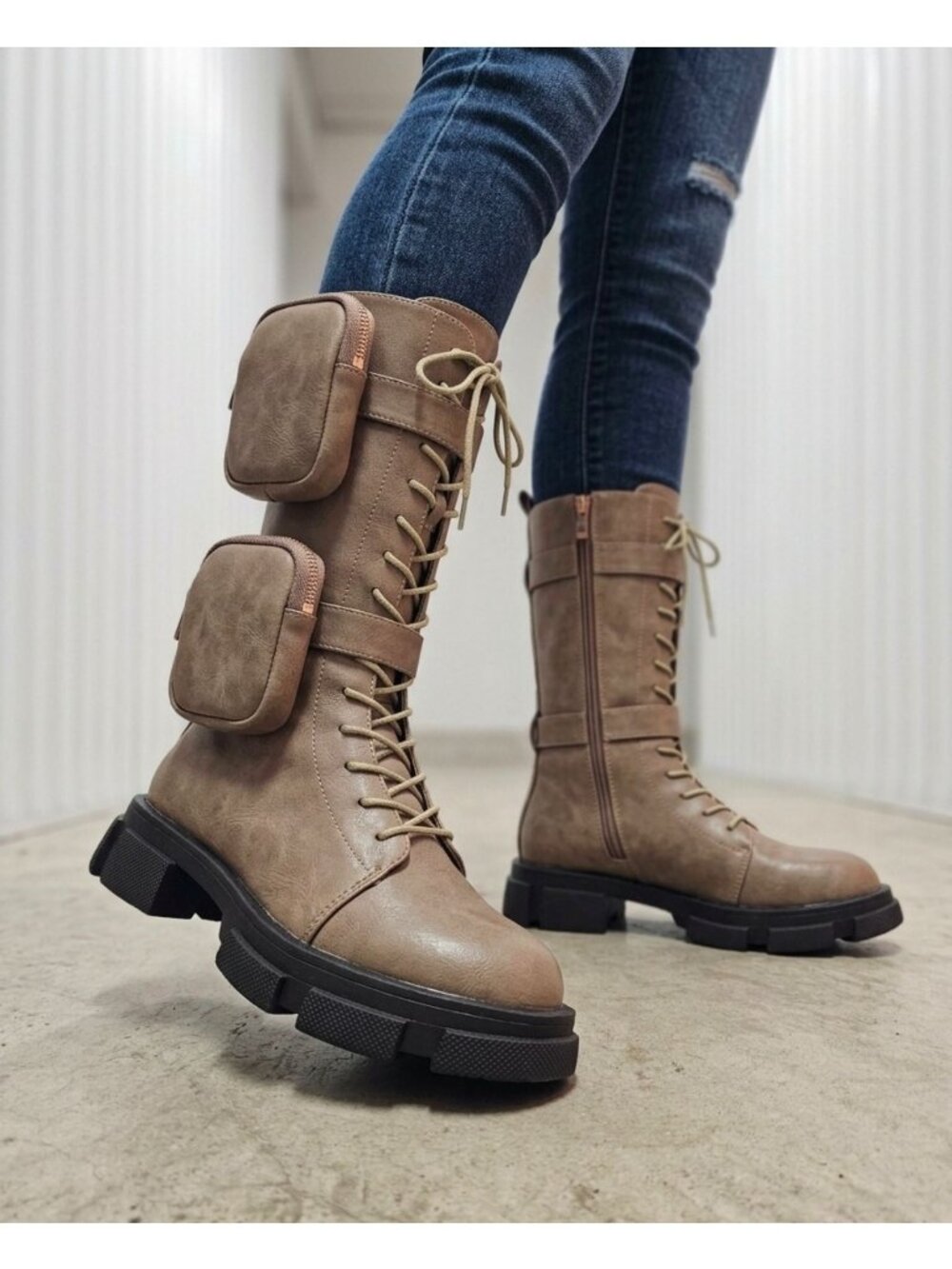 Lace-Up Combat Boots With Dual Detachable Pockets Side Zippers Chunky Soles And